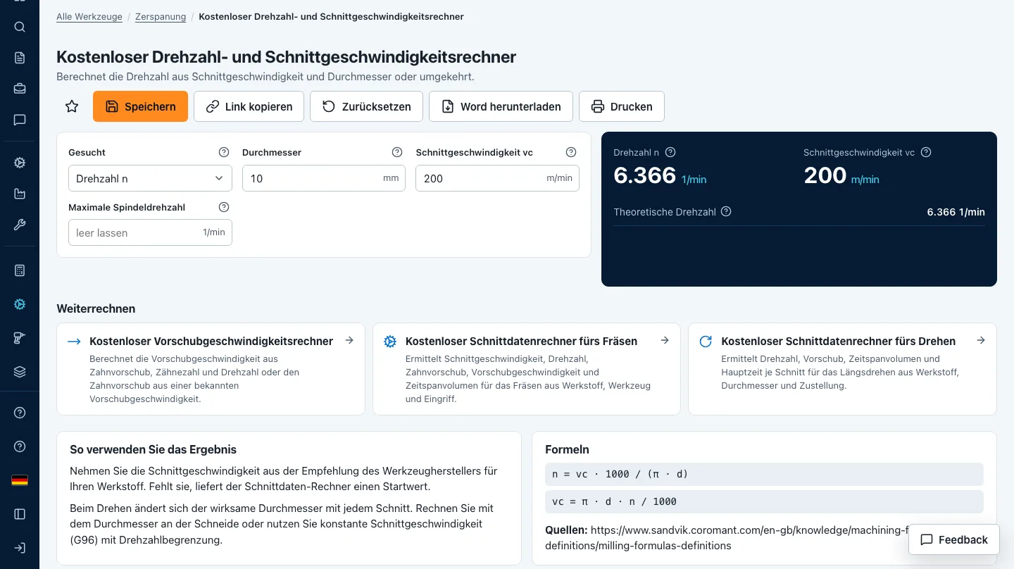 Drehzahl- und Schnittgeschwindigkeitsrechner mit Durchmesser, Schnittgeschwindigkeit und berechneter Drehzahl