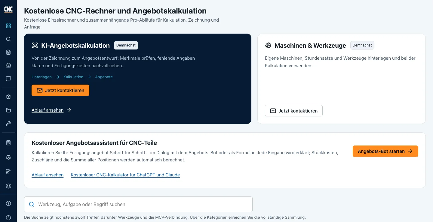 App-Startseite mit KI-Angebotskalkulation, kostenlosem Angebotsassistenten und Werkzeugsuche