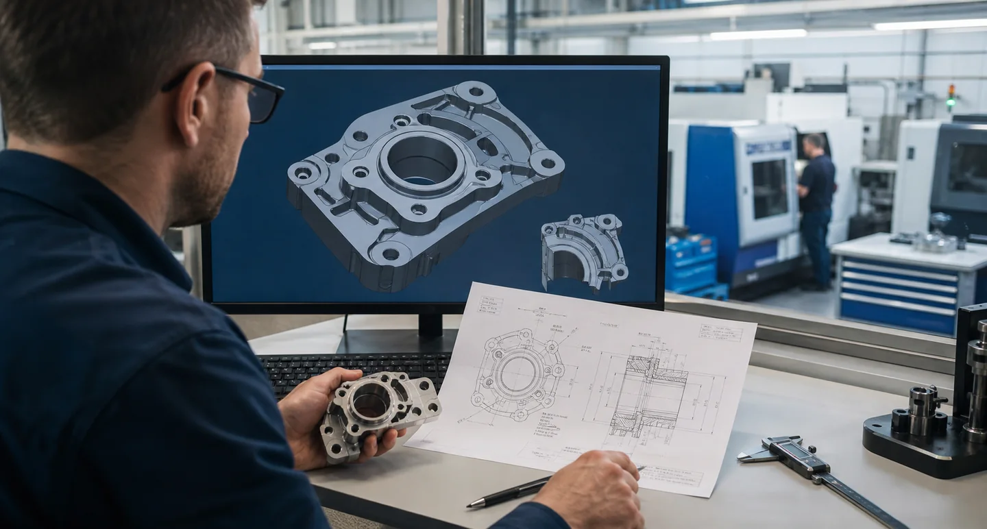 Konstrukteur vergleicht CAD-Modell, Zeichnung und gefertigtes Bauteil