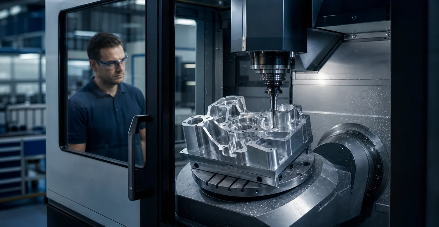 Komplexes Aluminiumbauteil in einer modernen CNC-Fräsmaschine