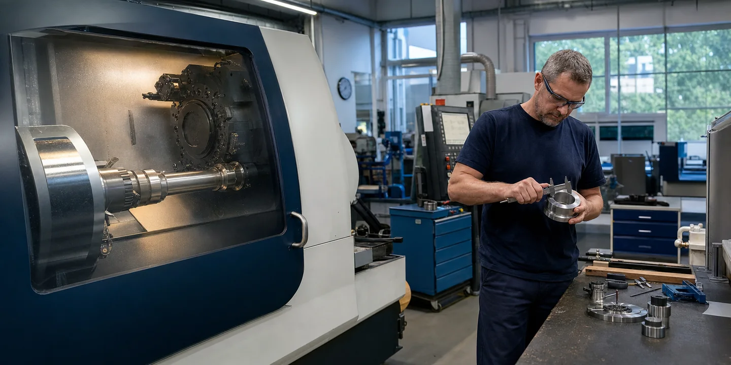 CNC-Dreher prüft ein gefertigtes Drehteil neben einer modernen Drehmaschine