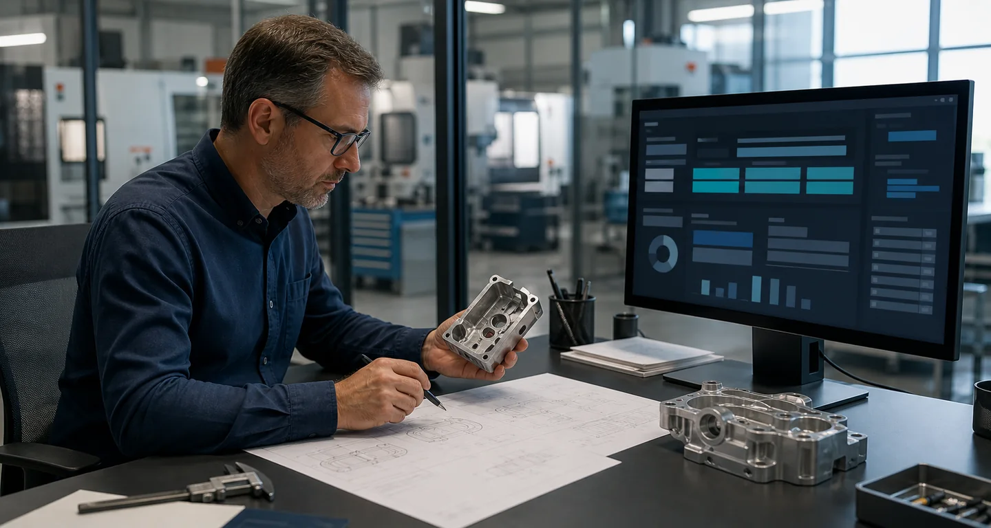 Fertigungsplaner kalkuliert ein CNC-Bauteil anhand von Zeichnung und Kostenauswertung