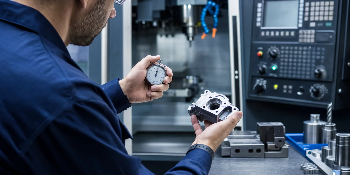 Fachkraft prüft die Bearbeitungszeit eines Präzisionsteils an einer CNC-Maschine