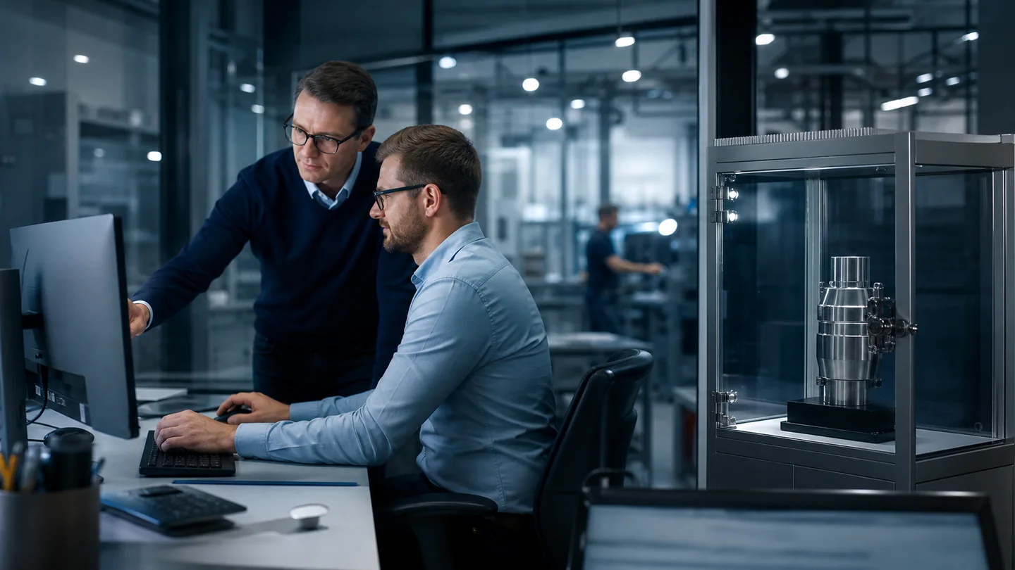 IT-Fachkraft und Konstrukteur prüfen den Zugriff auf vertrauliche CAD-Daten