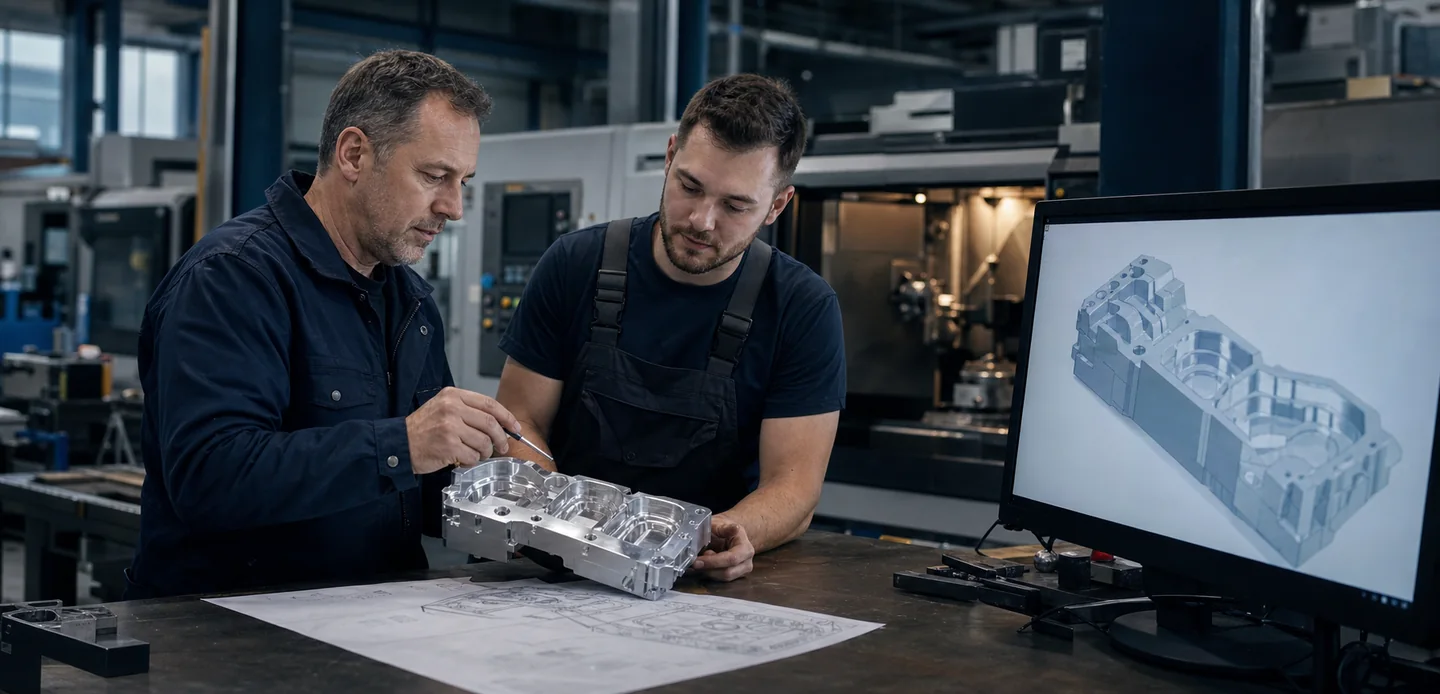 Fachkräfte prüfen ein CNC-Bauteil gemeinsam