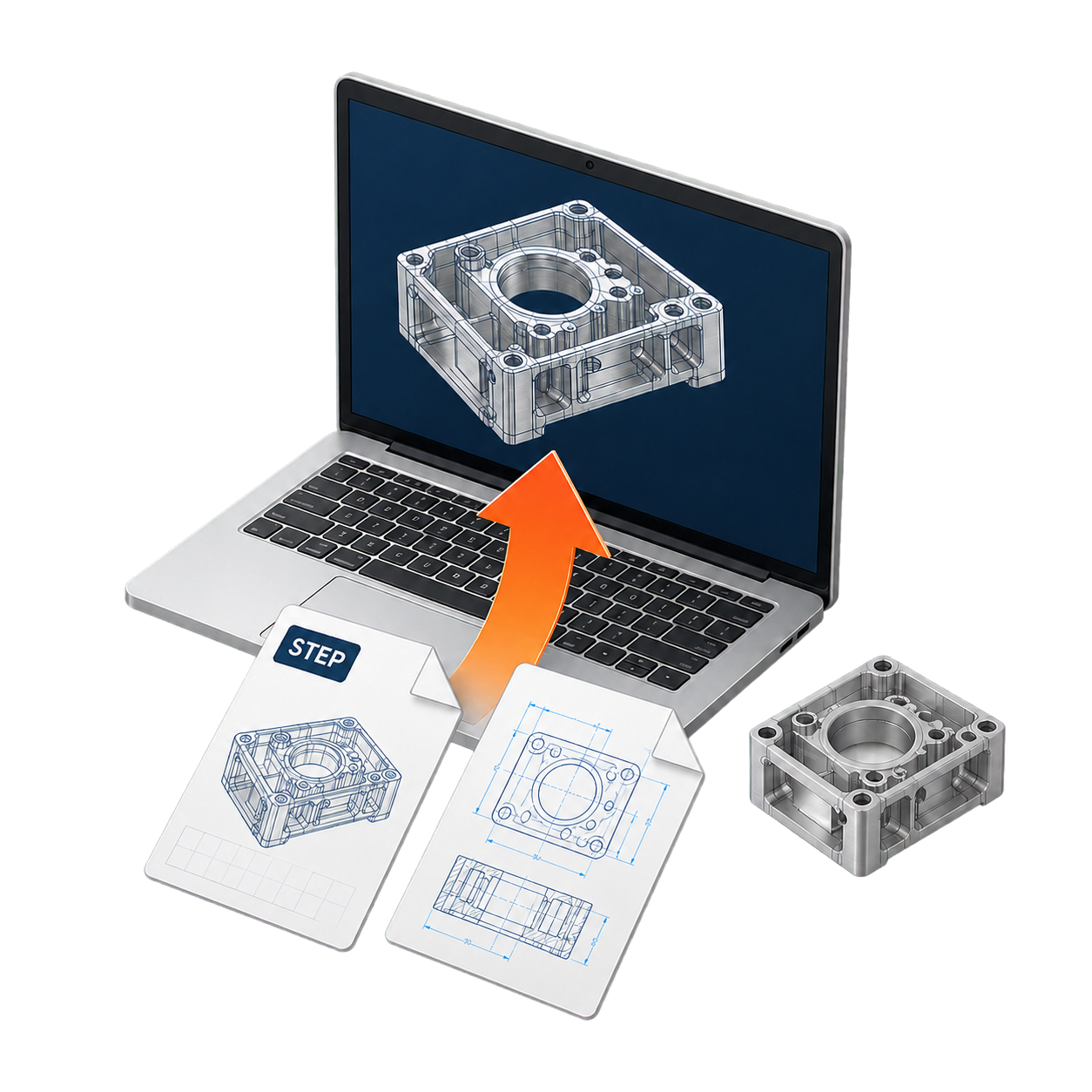 STEP-Datei und technische Zeichnung werden über einen orangefarbenen Upload-Pfeil in den CNC Kalkulator geladen